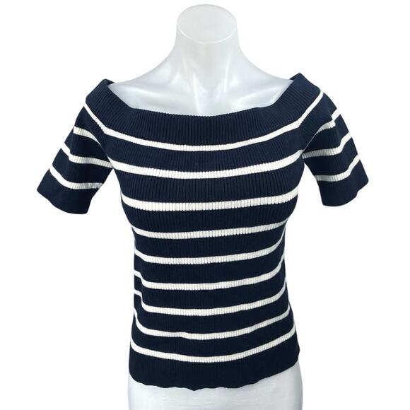 Sunday Stevens Navy Blue White Off The Shoulder Striped Knit Sweater Top Size L - Picture 5 of 8